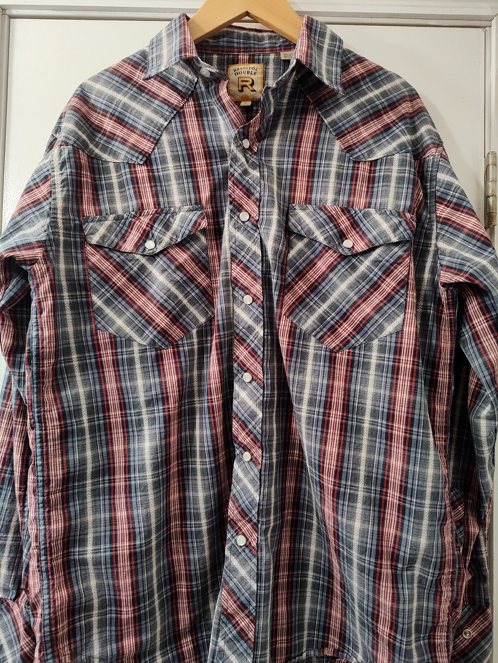 Men's Red, Blue & White Plaid Western Rodeo Pearl Snap Button-Down Shirt EUC